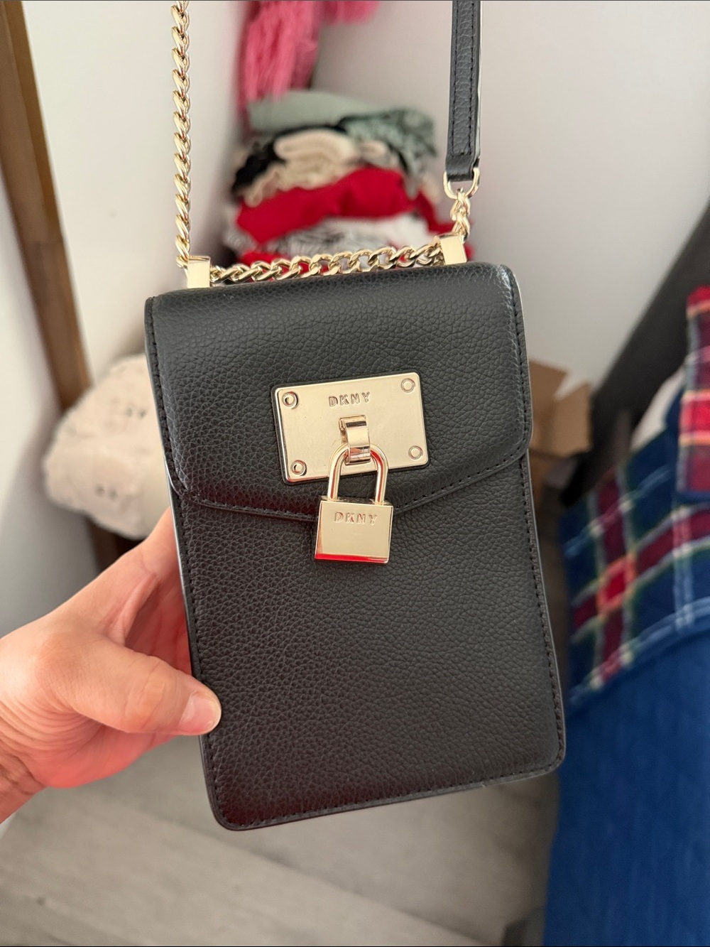 DKNY Black Pebbled Leather Mini Bag with Gold Lock